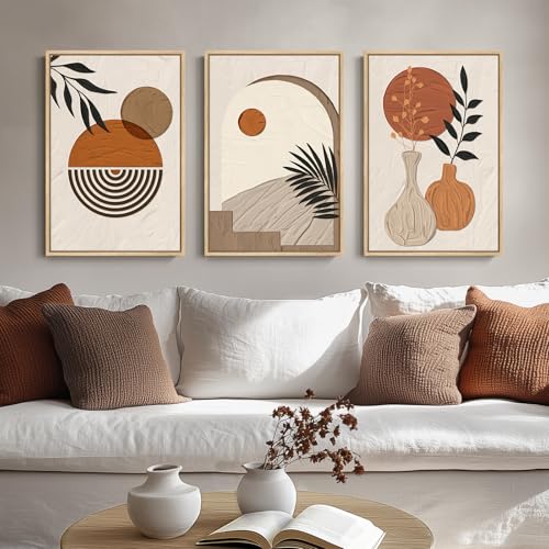 Large Boho Framed Wall Art, Set of 3 Piece Neutral and Orange Canvas Paintings Artwork for Walls, Bohemian Wall Hanging Art Prints Pictures for Living Room Bedroom Fireplace Office Wall Decor 16x24 In