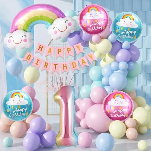 Image of Set of 59 Pcs 1st Birthday Decoration Kit with Rainbow Foil Balloon | First Birthday Decoration for Baby Boy and Baby Girl Rainbow Theme Party Decor