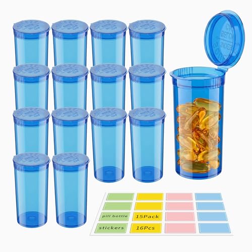 Zoeynex 13 Dram Empty Pill Bottles with Caps (15 Pack) - Pop Top Medicine Containers for Travel & Pharmacy - Small Squeeze Vials for Prescription Beads Seeds & Fishing Gear - Translucent Blue