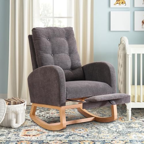 Image of cinkehome Nursery Rocking Chair with Retractable Foot Rest, Glider Rocking Chair with Solid Wood Legs, High Back, Button Decors, Mid Century Rocker Chair, Grey