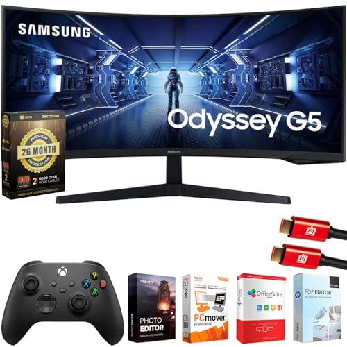 Image of Samsung 34 inch Odyssey G55T WQHD Curved Gaming Monitor Bundle with Microsoft Wireless Controller, Elite Suite 18, 2X HDMI Cable and Deco Gear CPS Exclusive 26 Month Protection Pack (Beach-CPS- 26M500)