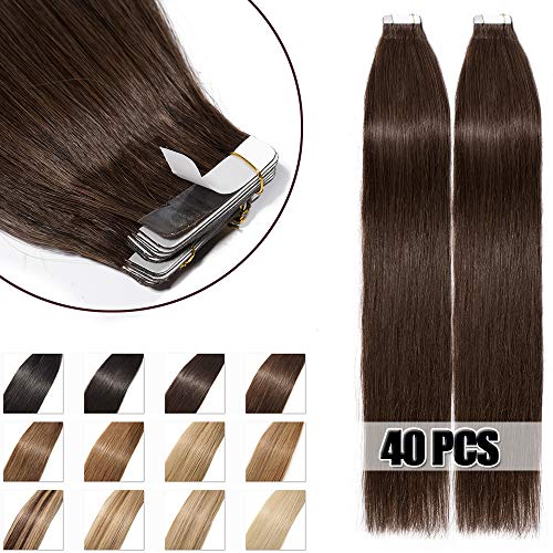 Extensiones Adhesivas de Cabello Natural 100g - 40 piezas 100% Remy humano extensiones de pelo (45cm,#04 Marrón Medio)