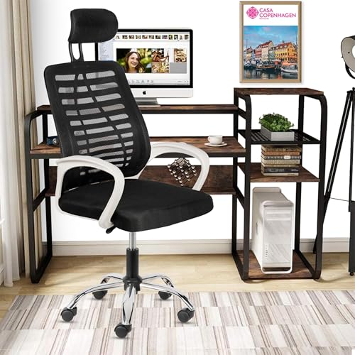 Image of Casa Copenhagen,Mesh Office Desk,Rocking, Ergonomic Computer Chair Adjustable High with Headrest and Comfortable Armrest Swivel Chair - Black & White Handle