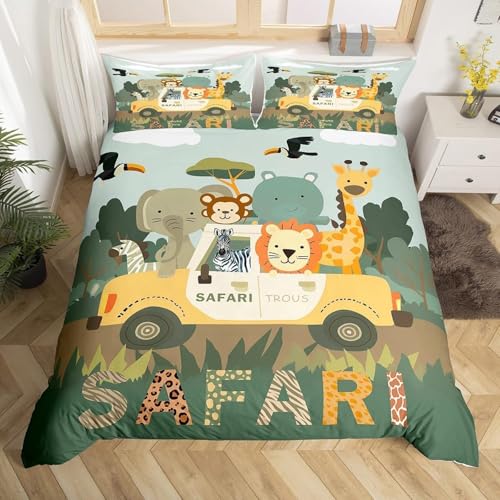 BJCJGGL 掛け布団カバー クイーン ジャングルの動物 布団カバー 全開ファスナー 抗菌防臭 防ダニ 通気性 ポリエステル 布団カバー 210x210 cm + 2 枕カバー 43x63 cm