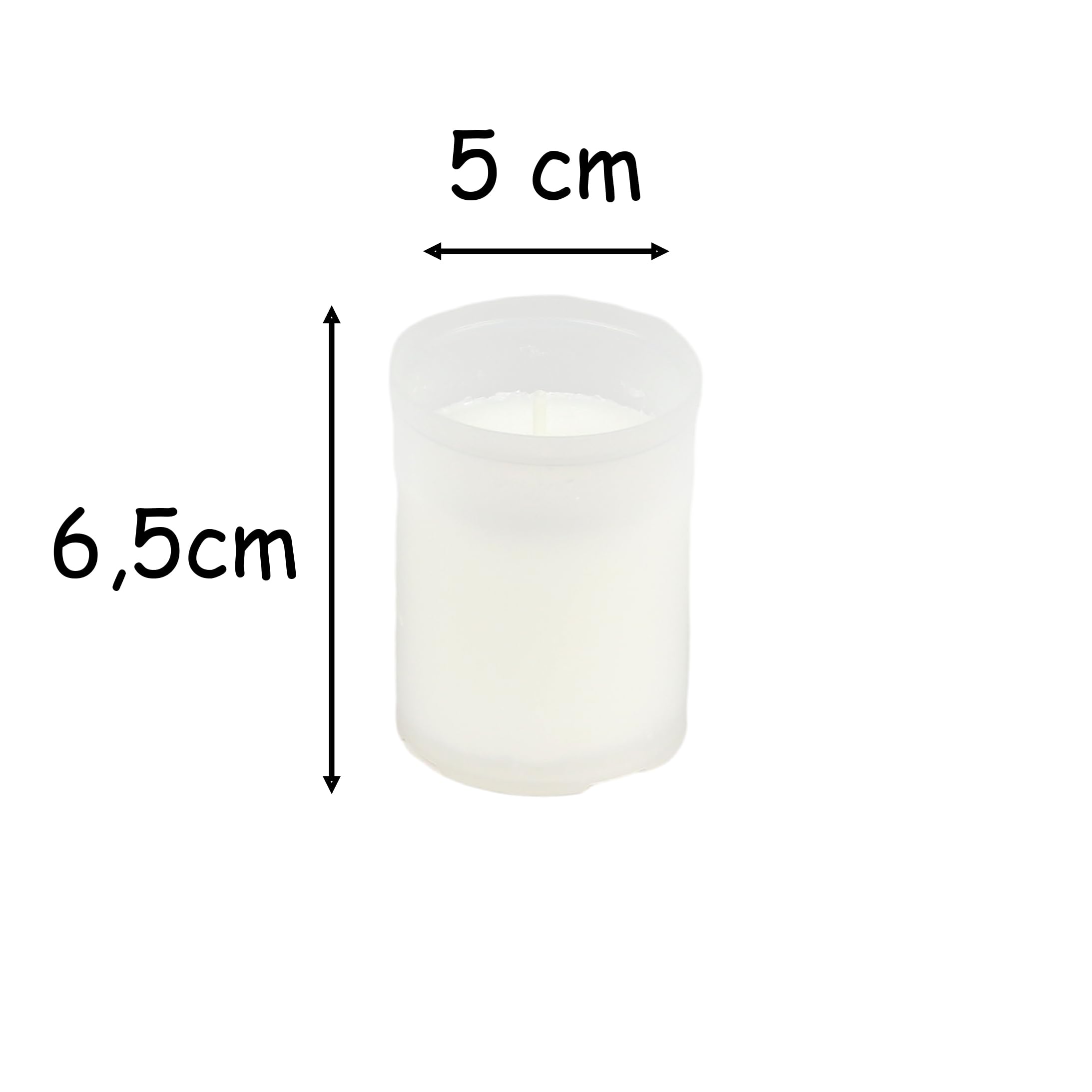 Paquete de 12 Velones pequeños Litúrgicos Blancos de Parafina - 6.5x5 cm, 24 Horas de Duración, Mecha de Algodón Puro, Sin Perfume, con Envase Protector