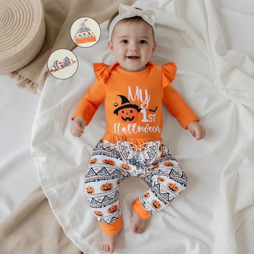 Douhoow Baby Girls Fall Clothes1st Halloween/1st Christmas Baby Romper Pants Headband Hat Infant Girl Festival Outfits4