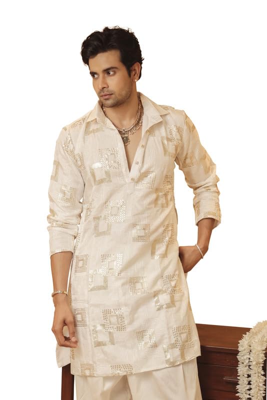 Swarnam Men’s Kurta – Ivory White Cotton Full-Sleeve Knee-Length Kurta with Cuban Collar for Wedding-image-36