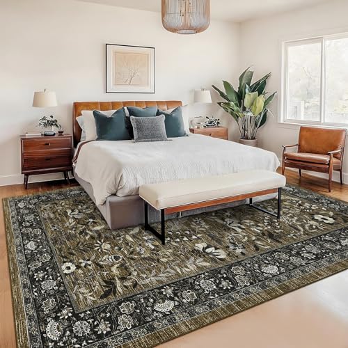 GarveeHome Large Area Rugs 8x10 Brown Washable Rugs for Living Room Soft Non Slip Bedroom Rug Botanical Floral Vintage Low Pile Carpet Non Slip Ultra Thin Floor Carpet for Dining Room Nursery Office
