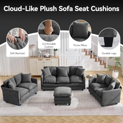 Image of 30'' Cloud Single Couch with Ottoman, Cloud Sofa with Throw Pillow, Modern 1 Seater Reading Chair with Deep Seat, Accent Chairs for Living Room, Bedroom, Small Apartment, Dark Grey