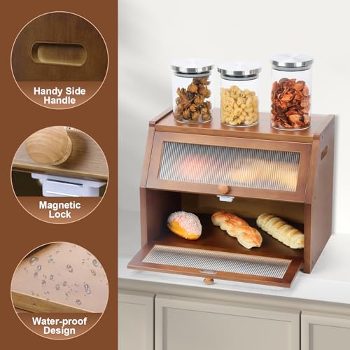 Large Bread Box for Kitchen Countertop, Wooden Bread Bin with Double Layer Storage and 0.6-inch Thick Natural Wood Panels, Rustic Bread Box Organizer for Kitchen (Retro Brown)