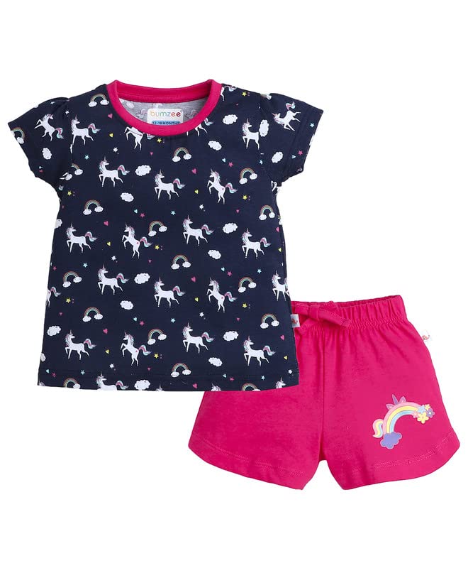 Image of BUMZEE Navy & Pink Girls Half Sleeves T-Shirt & Short Set