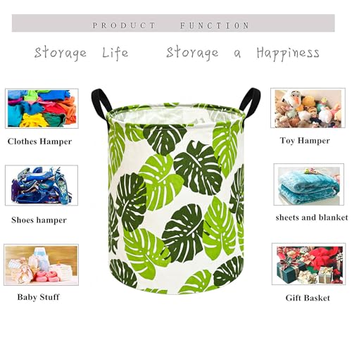 Image of Kids Laundry Hamper Clothes Gift Basket Storage Laundry Baskets Organizer Bin with Handles for Nursery Room (Green Leaf)