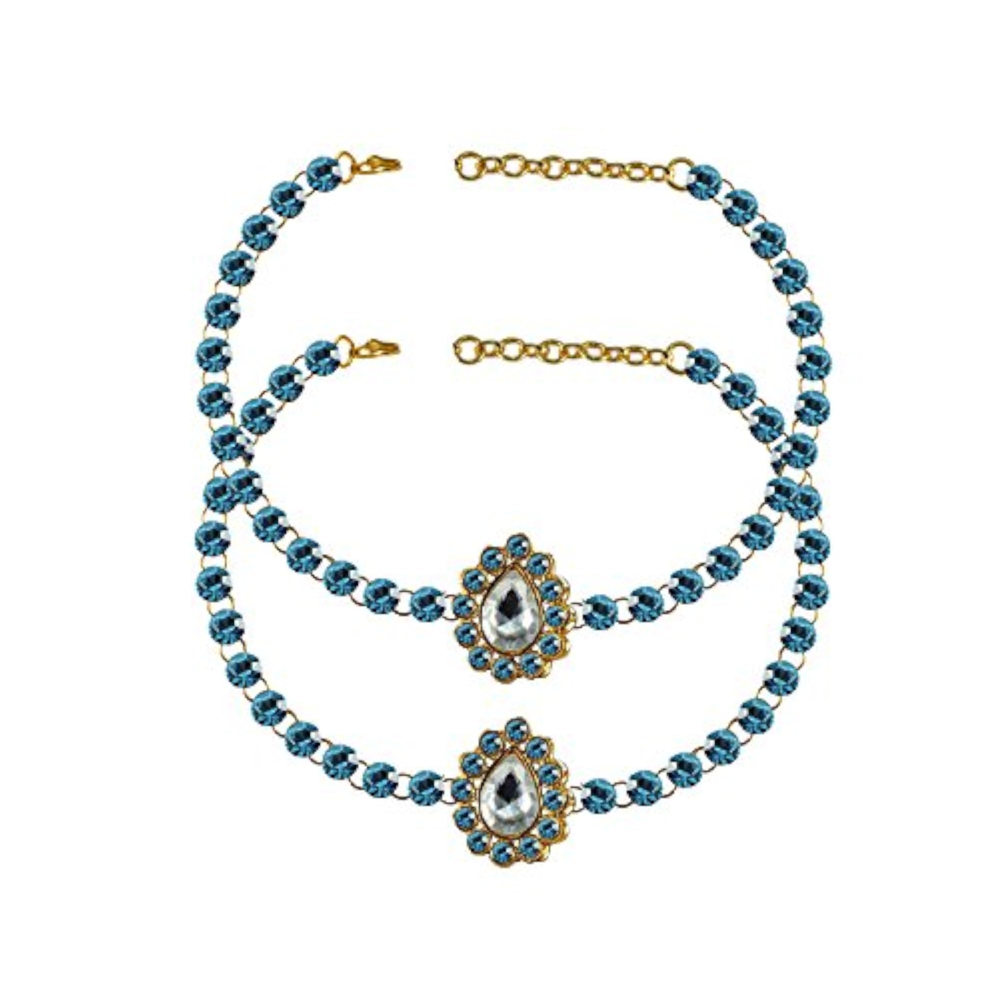 Women's Brass Gold Plated Blue Stone Studded Anklet, Adjustable