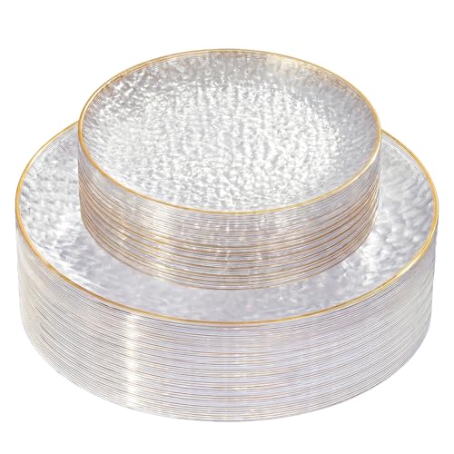 Rubtlamp 60Pcs Clear Plastic Plates,Clear Disposable Plates With Gold Rim