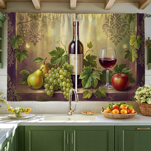Grapes Kitchen Curtains, Rustic Country Fruits Pear Fall Green Kitchen Drapes for Windows for Small Rv Sink Area Narrow Window 42x45 Inch