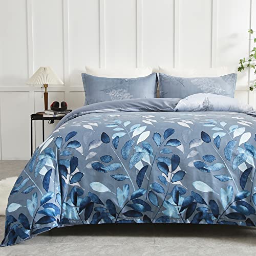 DJY Floral Duvet Cover Double Blue Leaves Bedding Set, Reversible Lightweight Bedding Sets 3pcs with Zipper Closure (Double, 200x200cm) - Image 3