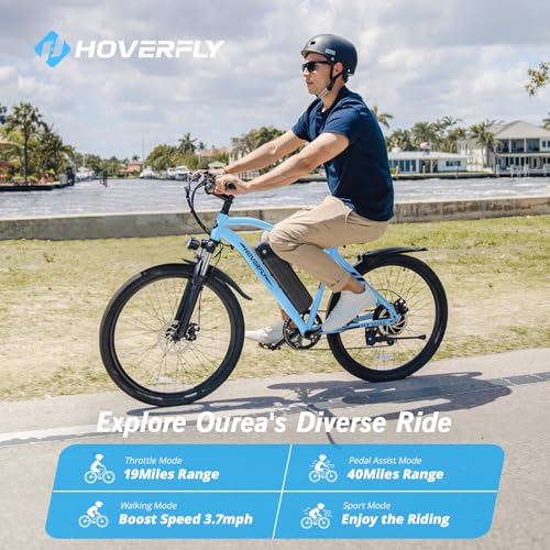 HOVERFLY OUREA Electric Bike 26", 750W Peak Motor Mountain Ebike, Up to 40 Miles 20MPH Removable Battery, 7-Speed and Shock Absorber, Electric Commuter Bike for Adults Blue - Thumbnail 3