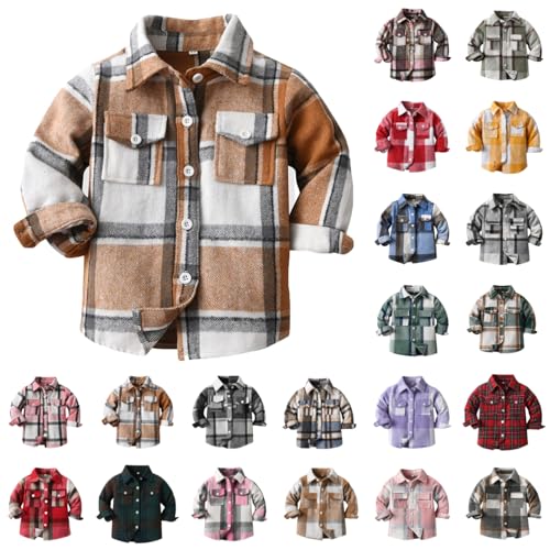 Kids Flannel Shirt Unisex Autumn Winter Plaid Brushed Lapel Jacket Long Sleeve Button Down Casual Outwear
