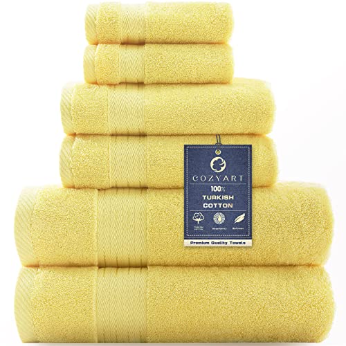 Cozyart Yellow Bath Towels Set, Turkish Cotton Hotel Large Bath Towels Bulk For Bathroom, Thick Bathroom Towels Set Of 6 With 2 Bath Towels, 2 Hand Towels, 2 Washcloths, 650 Gsm #TOP14