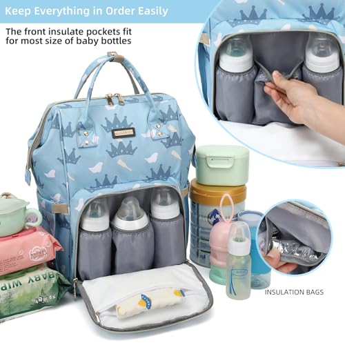 Image of Diaper Bag Backpack, Diaper Bags for Baby Girls Boys, Baby Bags for Moms Dads, Nappy Changing Bag with Insulated Pockets,Multi-functional Waterproof Backpack with Stroller straps-Light blue crown