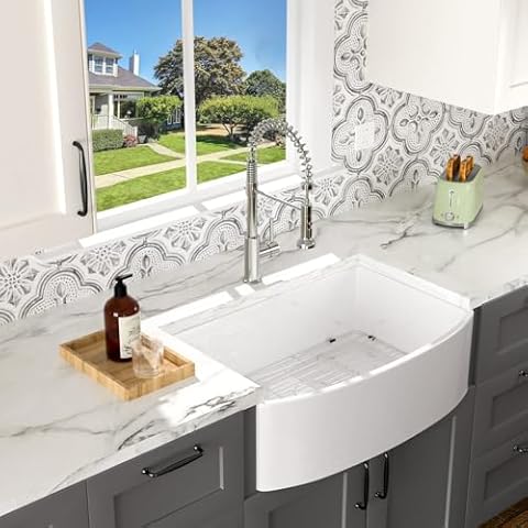 33 Farmhouse Sink White - Lofeyo 33 x 19 Inch Farm Kitchen Sink Curved Apron Front Fireclay Ceramic Porcelain Single Bowl Farmer Kitcehn Sink Basin Cover