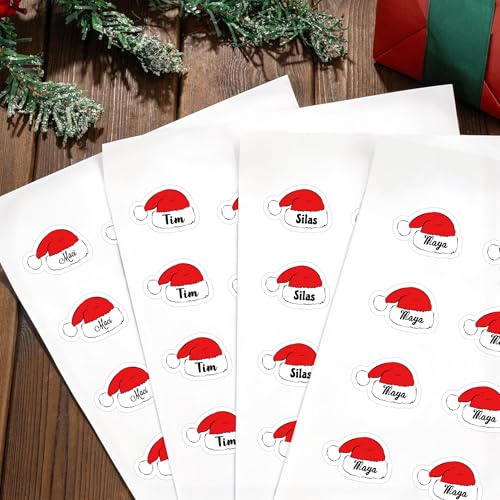 Image of Personalized Christmas Stickers, Custom Name Waterproof Christmas Gift Tags for Gift Box Holiday Decorations, Stockings, Party Favors (Cute Santa Hat)