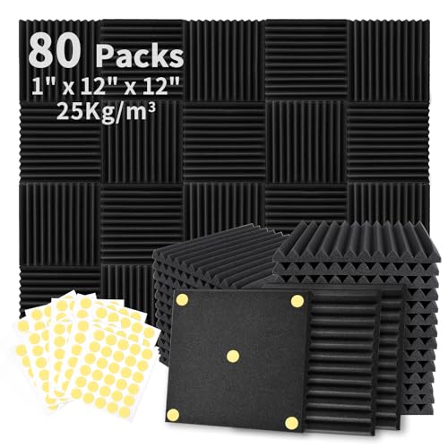 Focusound 80 Pack Acoustic Foam Panels 1' x 12' x 12' Sound Proof Foam Panles Soundproofing Noise Cancelling Wedge Panels for Home Office Recoding Studio with 420PCS Double-Side Adhesive