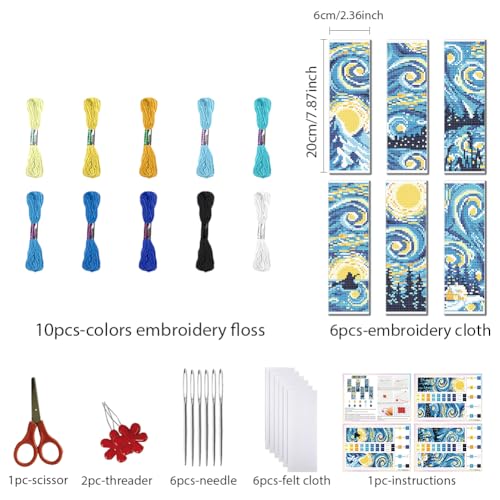 Image of FREEBLOSS 6 Set 11CT Cross Stitch Bookmarks Kit Starry Sky Stamped Cross Stitch Kit DIY Embroidery Bookmark Set with Instruction for Adults Beginners Gift for Reading Enthusiasts 20x6cm /8x2.4inch