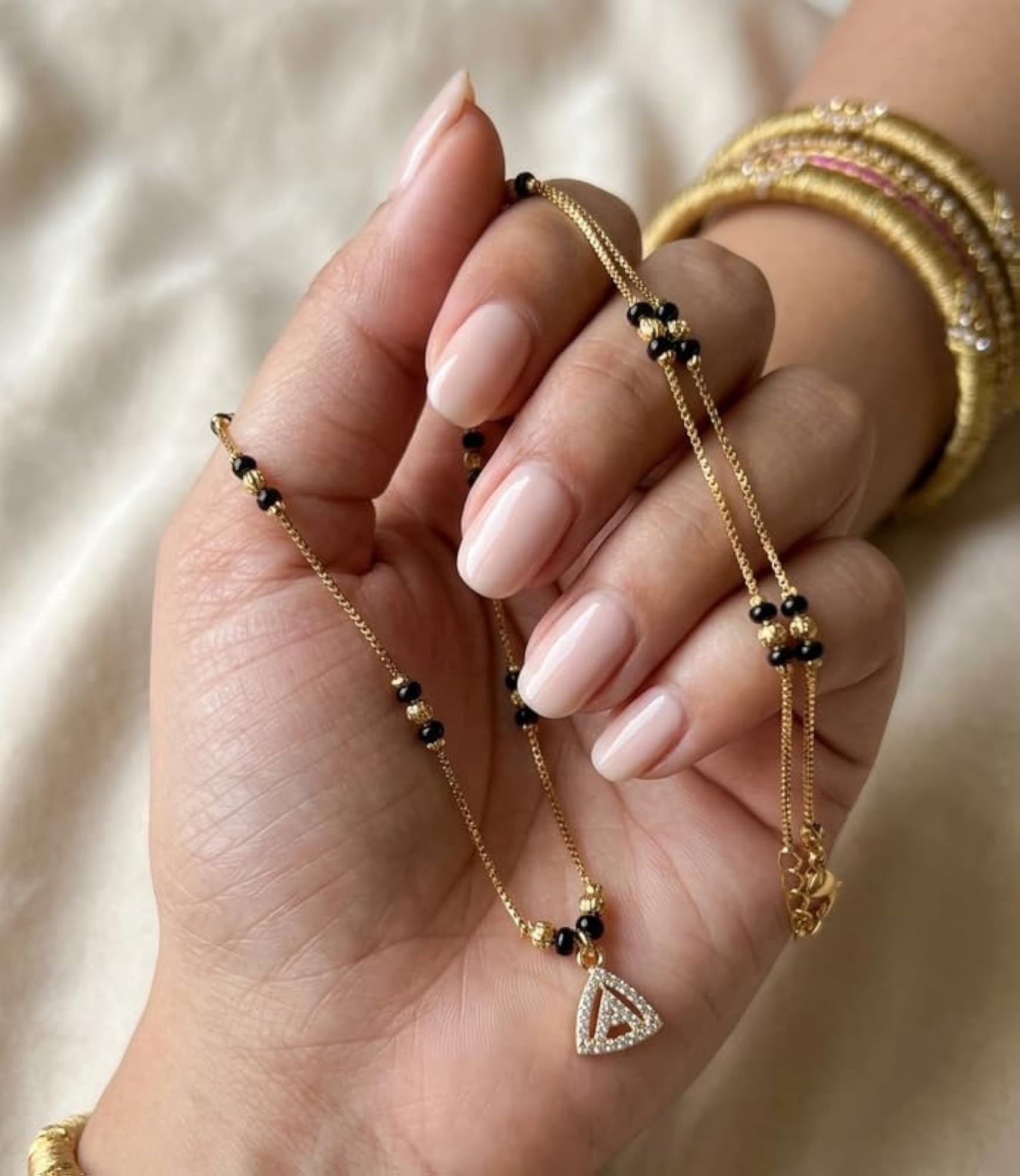 Women's Triangle Diamond Pendant Mangalsutra with Black Beads