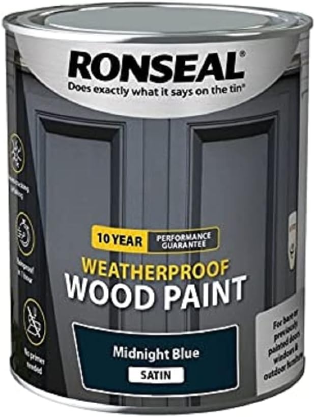 Ronseal 10 Year Weatherproof 2 in 1 Wood Paint Midnight Blue Satin