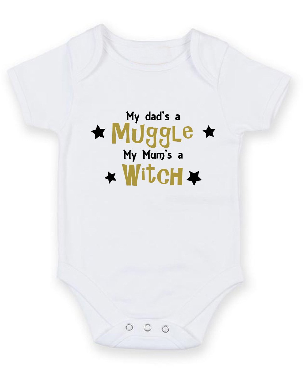 FoxyPrinting My Dad's A Muggle. - Personalised Baby Boy Girl Baby VestUnisex Short Sleeve Bodysuit (3-6 months)