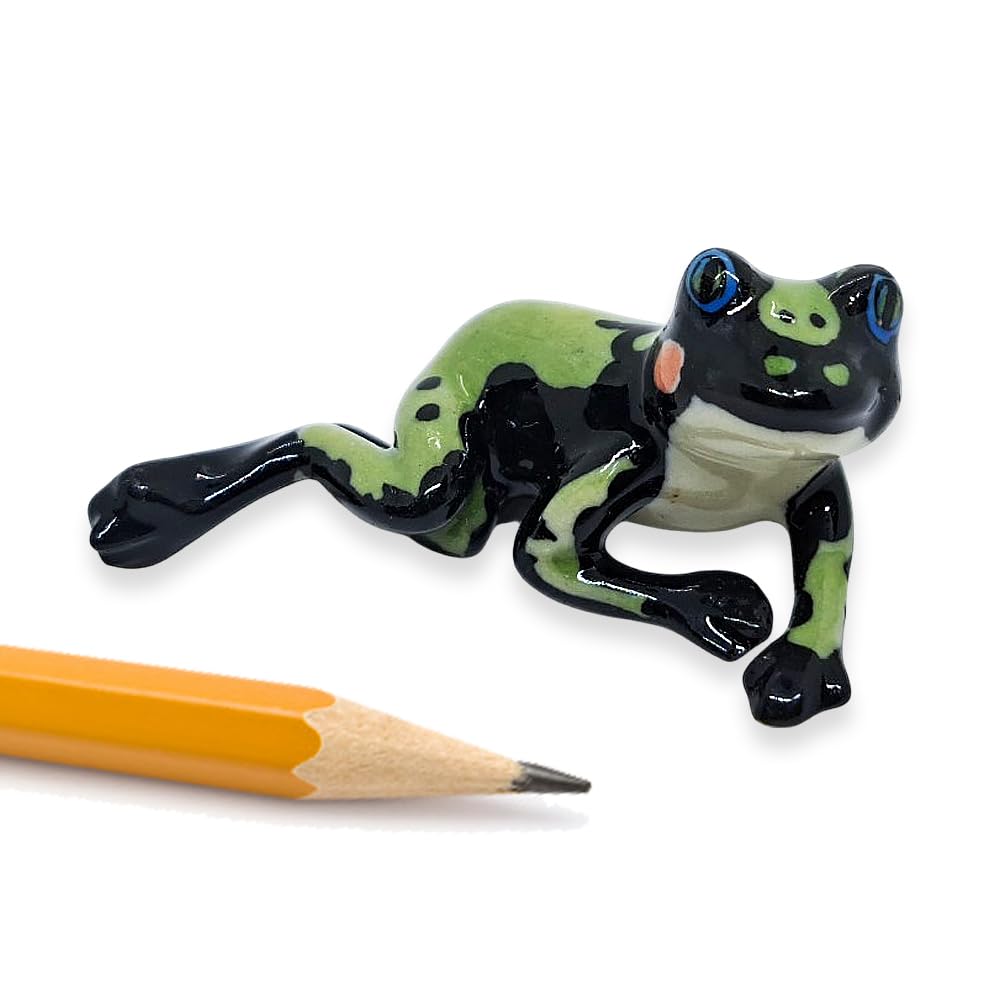 WitnyStoreTiny 1½" Black Green Frog Lying On Side Figurine - Miniature Hand Made Painted Ceramic Frogs Toad Amphibian Animals Colorful Porcelain Decorative Collectible Figures Souvenir Décor Gifts