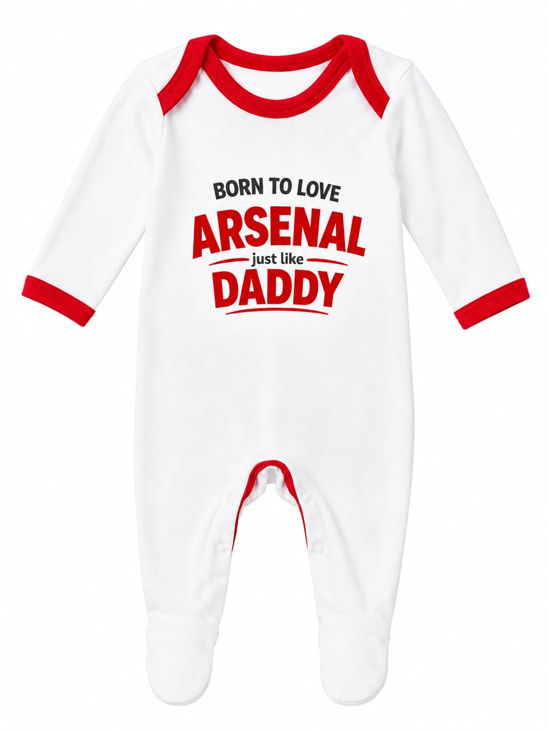 Cheekytots Born to love Arsenal just like Daddy - 100% Cotton, Ultra-Soft, Cosy, and Breathable Rompersuits for Infants and Toddlers (White/Red Trim, 3-6 Months)