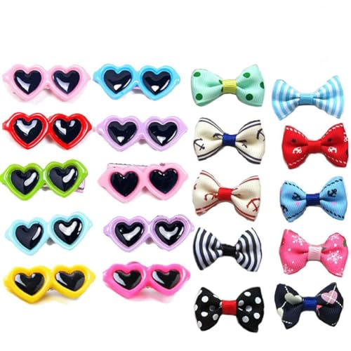 Carykon 20Pcs Dog Hair Clips - Heart Sunglass Pet Hair Bows Alligator Hairpins Small Animal Barrettes Multicolor Dog Hair Accessories