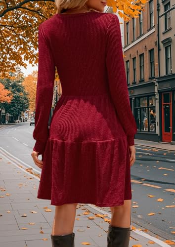 Kate Kasin Women's Long Sleeve Sweater Dresses 2025, Ribbed Knit V Neck Dress, Fall Winter A Line Babydoll Dress with Pockets4