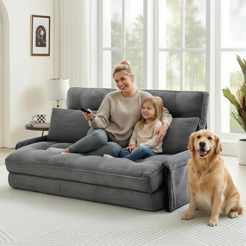 Image of 5-Position Adjustable Floor Sofa Couch,Multi-Functional Bean Bag Bed,Foldable Lazy Sofa Sleeper Bed with Armrest,Ideal for Reading and Playing (Dark Grey)