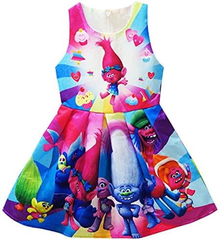 KIDHF Trolls Little Girl Princess Cartoon Party Princess Dress (Color,130/5-6Y)