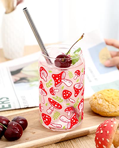 Mushroom Cups 16Oz Beer Can Glass Mason Jar With Lid And Straw And Cleaning Brush Iced Coffee Cup Tumbler Glass Tea Milk Mug Mushroom Stuff Aesthetic Cup Gift For Plant Mushroom Lovers Kitchen Bar #TOP3
