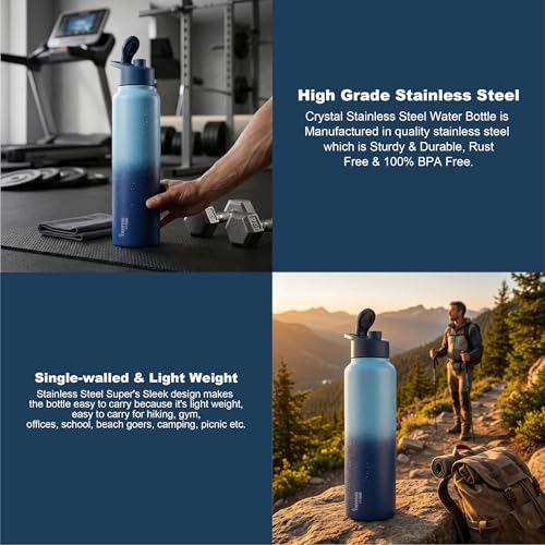 Image of Crystal Aqua 1000 Stainless Steel Water Bottle, Leakproof Lid, Single Walled, ISI Certified I For School, Office, Gym I Light & Dark Blue | Pack of 2