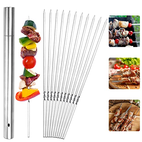GIRAFEDA 24 Stück Schaschlikspieße Edelstahl Grillspieße Flache Schaschlikspieße Wiederverwendbare Metallspieße Lange BBQ Kebab mit Aufbewahrungsrohr für Fleischgarnelen Hühnchen Gemüse Kebab(35 cm)
