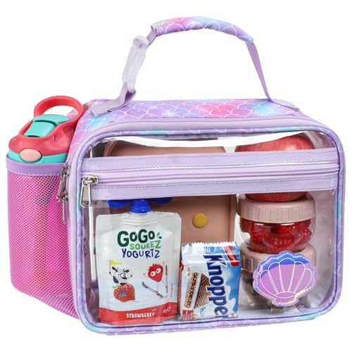 Bagseri Clear Kids Lunch Bag - Girls Lunch Box for School Reusable Snack Bag with Water Bottle Holder Stadium Approved Clear Bag, Purple mermaid Shell