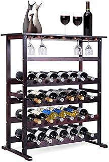 COSTWAY Traditional Wine Rack, Free Standing Wine Display Stand Shelf for Holder 24 Bottle and 18 Glasses, Home Kitchen Bar Pantry Drink Storage Organiser Unit