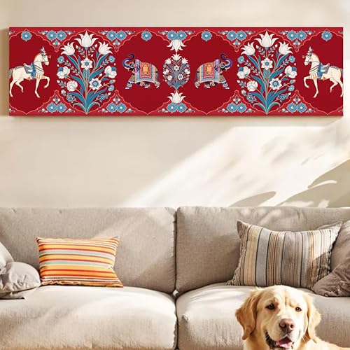 Image of Mughal folk Art Vibe Flower Canvas Wall Art Painting For Living Room, Mughal-Inspired Elephant & Horse Painting Red Traditional Floral Ethnic Wall Art For Home & Office Decor - 13x47 Inch