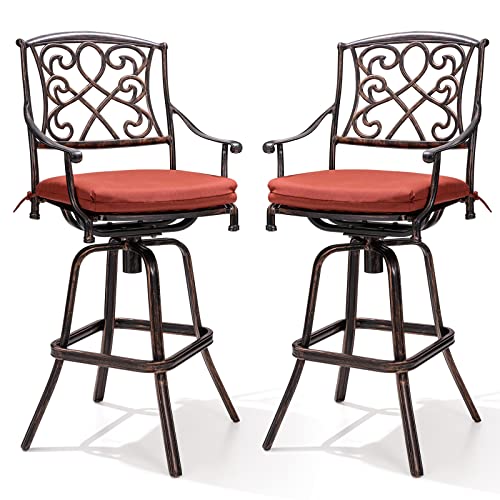 Crestlive Products Heavy Duty Cast Aluminum Frame & Sunbrella Fabric Cushion Counter Height Swivel Bar Stool All Weather Patio Furniture In Antique Brown Finish For Outdoor Indoor, 2 Pcs (Red) #TOP6