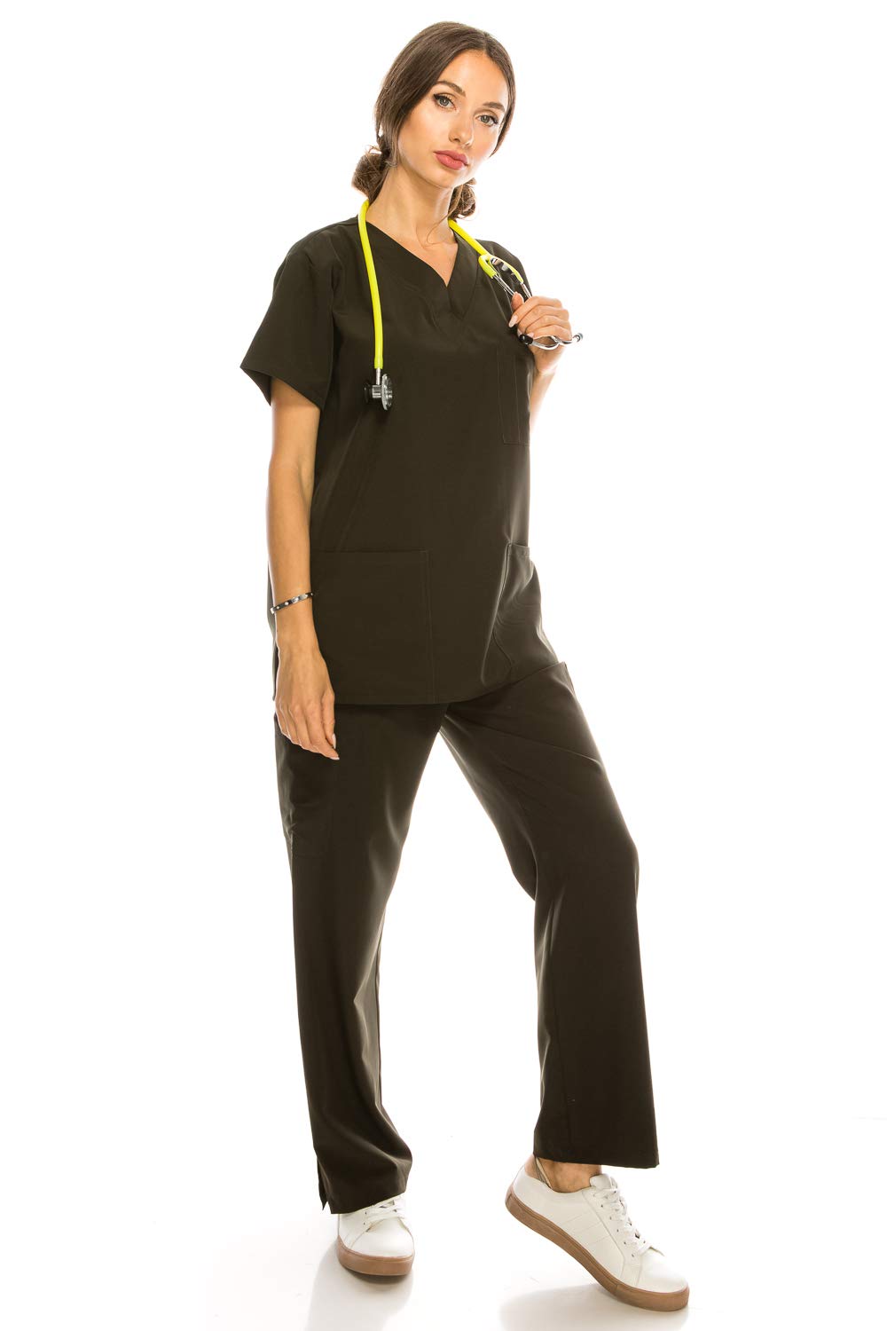 Banhada 7-Pocket V-Neck Top Medical Scrubs Set for Woman - 4 Way Stretch, Comfort, Light Weight Army, XS