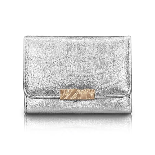 FuninCrea Ladies Wallet, Trifold Small Wallets Woman Slim Wallet PU Leather Wallets for Women with ID Window Cash Compartment and 7 Card Slots, Compact Credit Card Wallet for Women Girls (Silver)