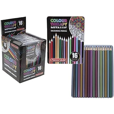 Pack of Metallic Coloured Pencils in a Tin Colour Therapy Anti Stress Colouring Pencils 16 Sharpened Pencils Cover