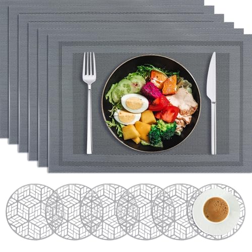 MOAMUN Juego de 16 manteles individuales y posavasos, PVC resistente al calor, 8 manteles individuales y 8 posavasos antideslizantes para mesa, mantel de vinilo lavable plateado para el hogar,