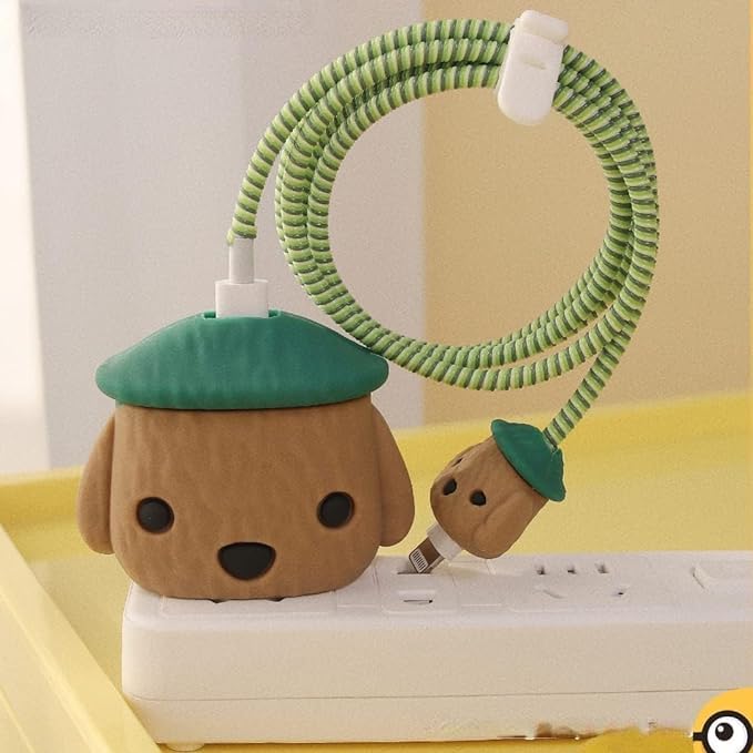 Image of Protective Charger Case for iPhone 18W 20W iPhone 16 15 14 13 12 11 Pro Max Charging Cable Charger Protective Cover Data Cable Protective Sleeve-Green HAT Brown Dog
