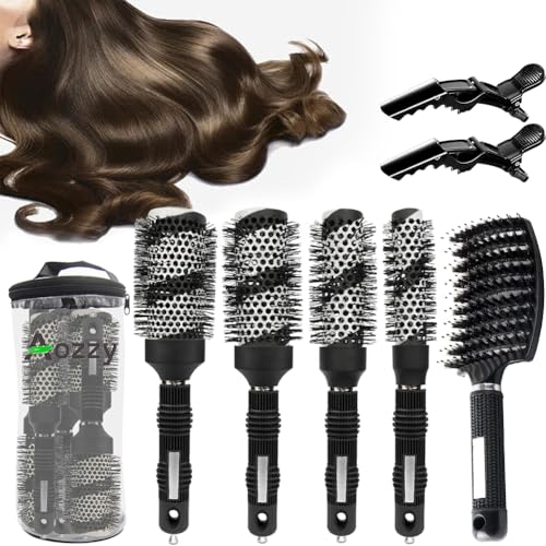 Aozzy Blow-Drying Round Hair Brush Set - Ceramic, Boar Bristle Brush for Women - Thermal Barrel Brush Set, Styling & Roller Brush for Shiny, Smooth and Bouncy Hair